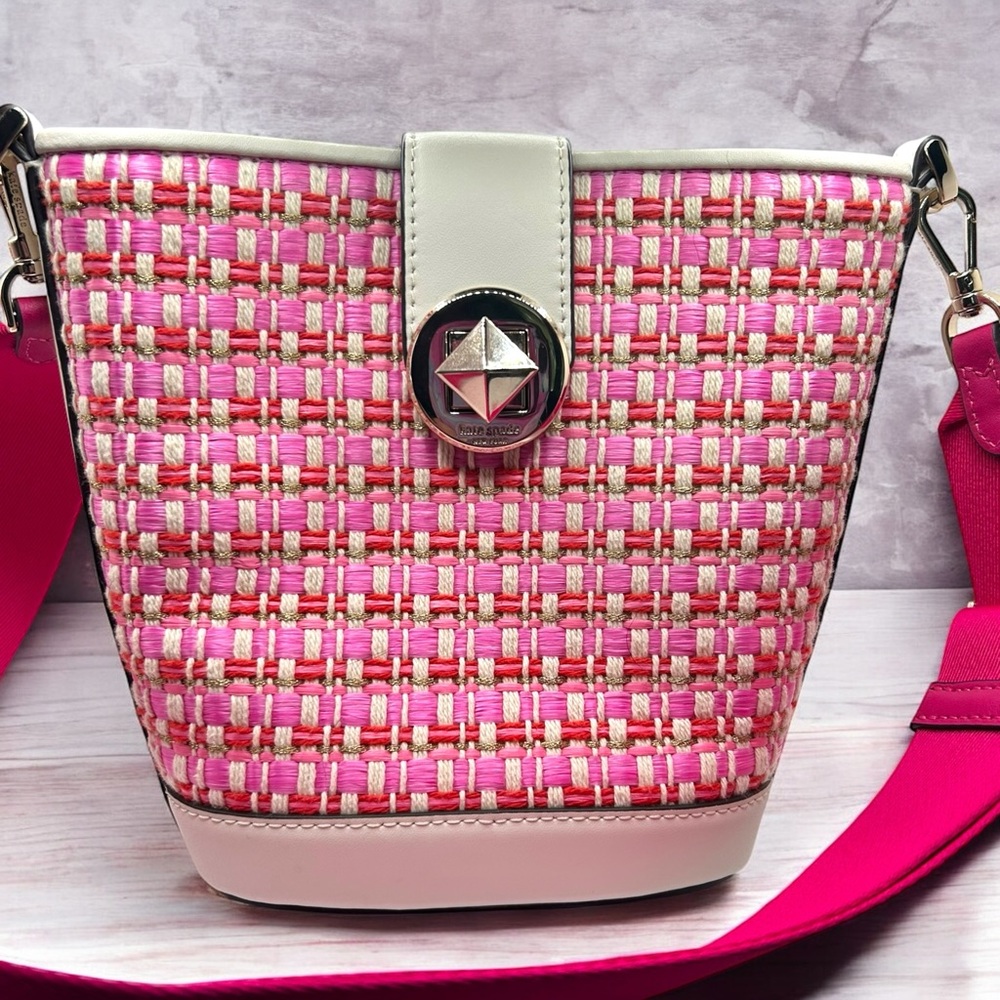 Kate Spade Purse Audrey Mini Bucket Bag in Pepe Pink Raffia Crossbody